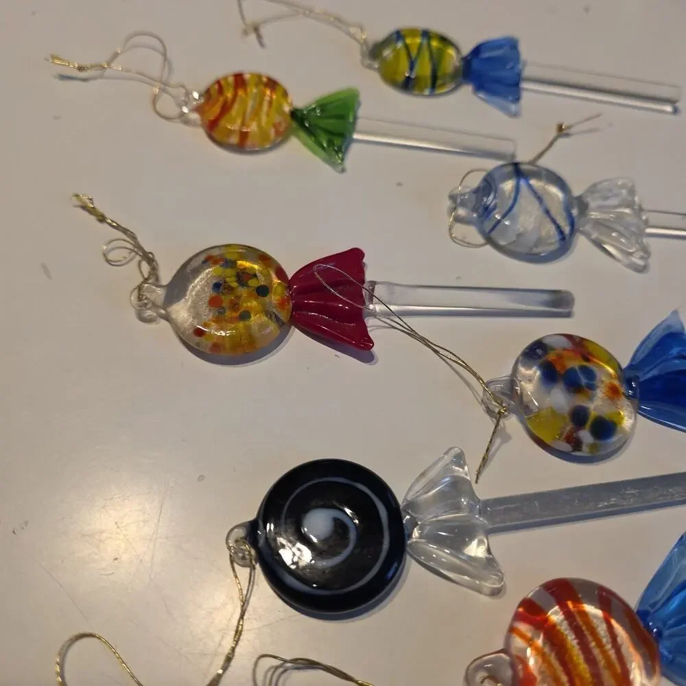 Set of 14 Vintage Murano Style Blown Glass Lollipop Ornament Christmas Candy Art